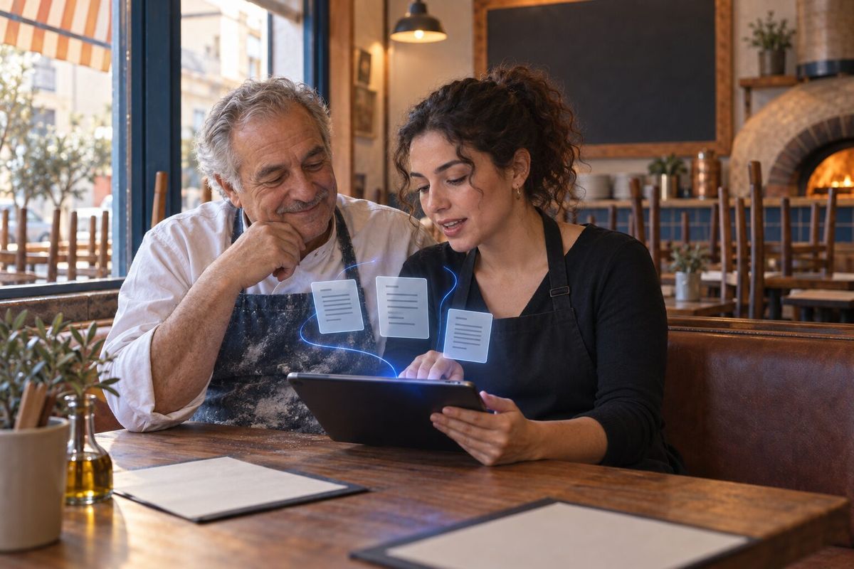 Illustrative photo: the Review Responder at work for the owner and front-of-house manager of a family-run pizzeria, laying out results as blue panels above a tablet.