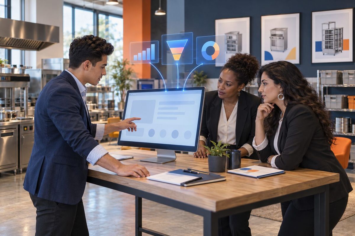 Illustrative photo: the Sales Dashboard at work for the sales group at a catering-equipment supplier, laying out results as blue panels above a monitor.