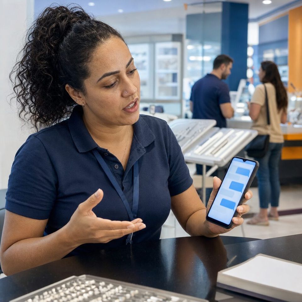 Illustrative photo: a sales rep at a dental-supplies distributor asks the Sales Brain for help from their phone.