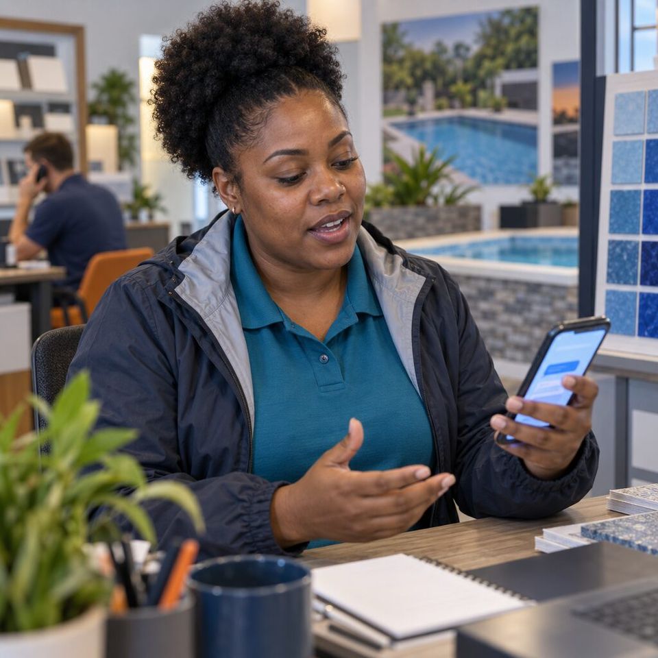 Illustrative photo: a sales rep at a swimming-pool installation and maintenance company asks the Sales Reply for help from their phone.