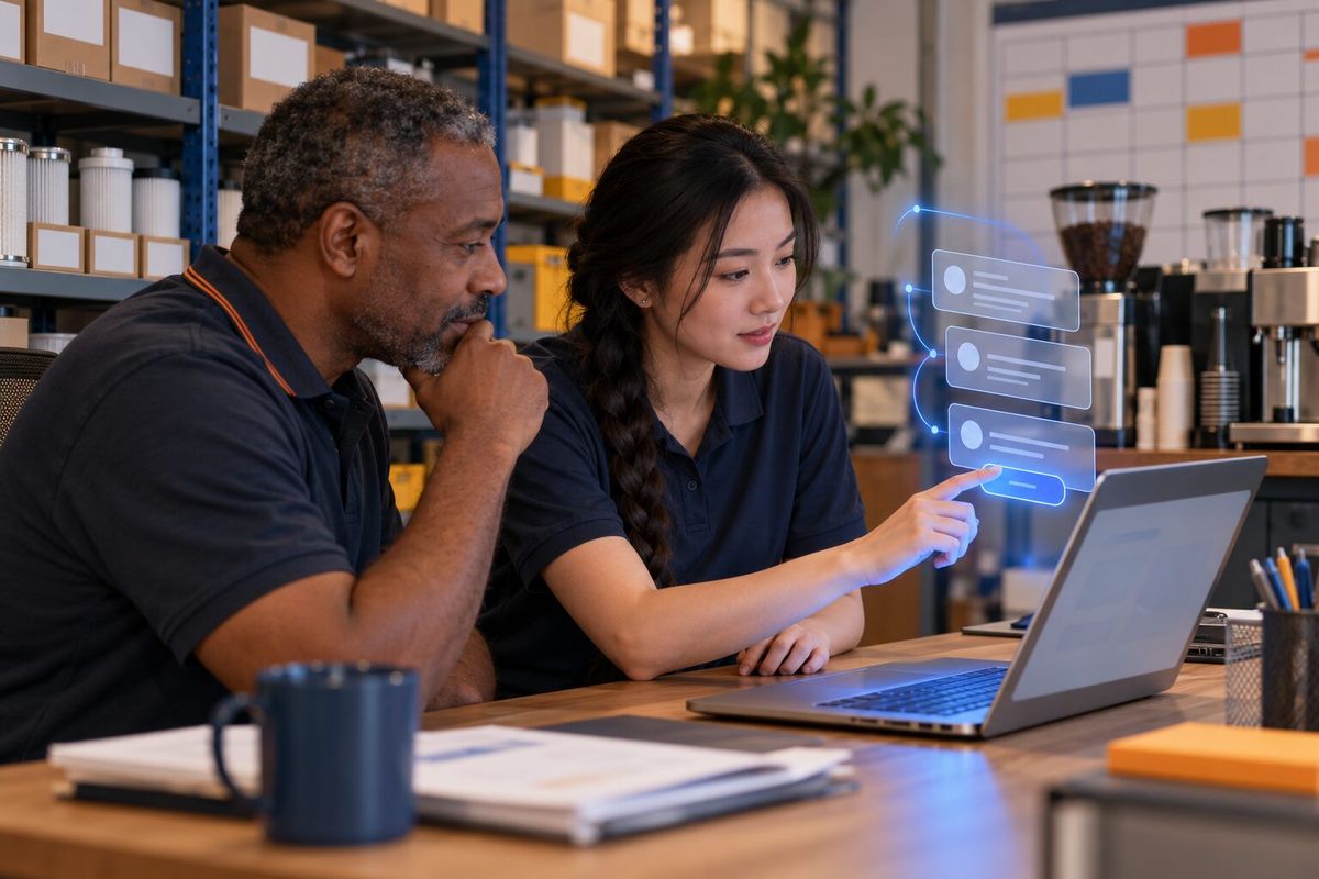 Illustrative photo: the Sales Lead Sequencer at work for the owner and sales coordinator of a small company that installs office coffee machines, laying out results as blue panels above a laptop.
