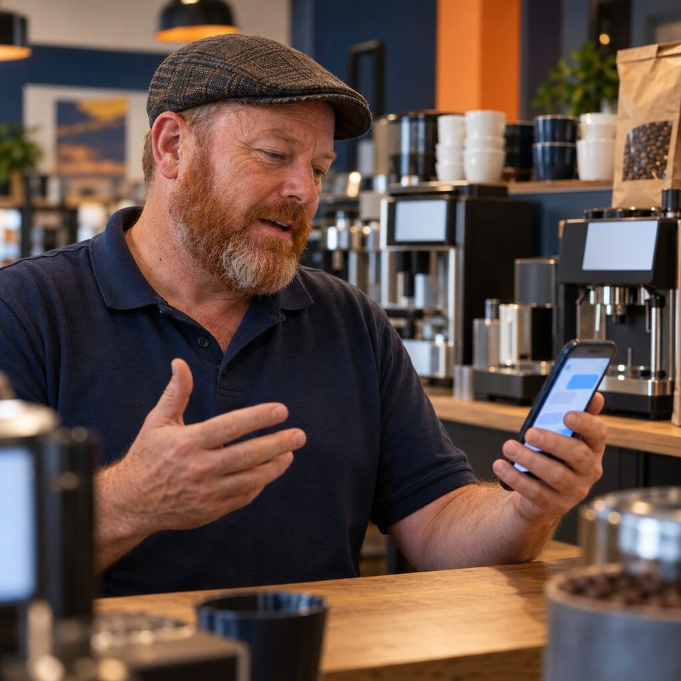 Illustrative photo: the owner of a small company that installs office coffee machines asks the Sales Lead Sequencer for help from their phone.