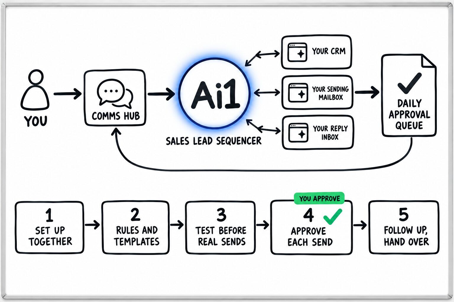 How the Sales Lead Sequencer works: you ask through the Comms Hub and Ai1 runs the steps: set up together, rules and templates, test before real sends, approve each send and follow up, hand over. It works with Your CRM, Your sending mailbox and Your reply inbox. You approve at: approve each send. It returns a daily approval queue.