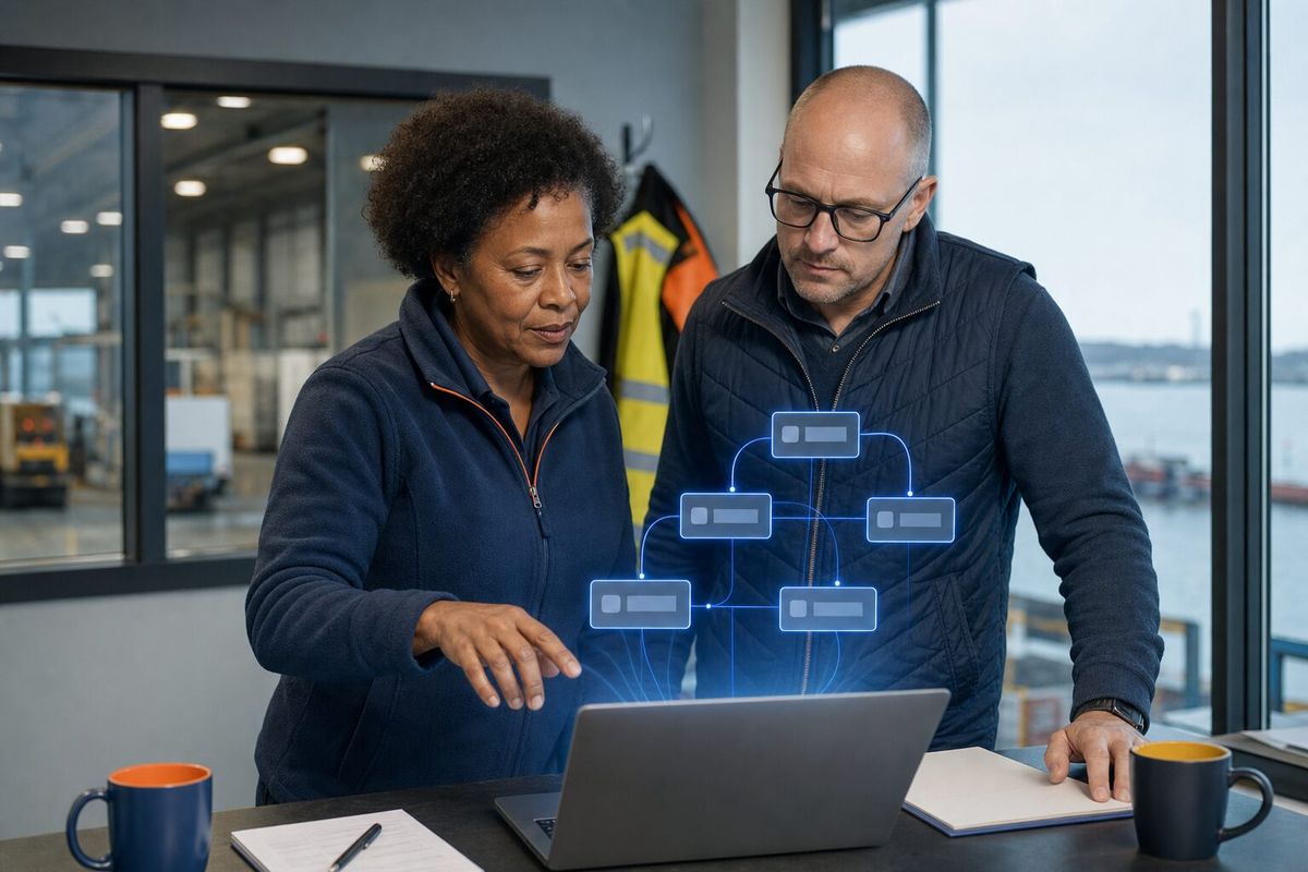 Illustrative photo: the Scoping Agent at work for the operations and development leads of a courier company, laying out results as blue panels above a laptop.