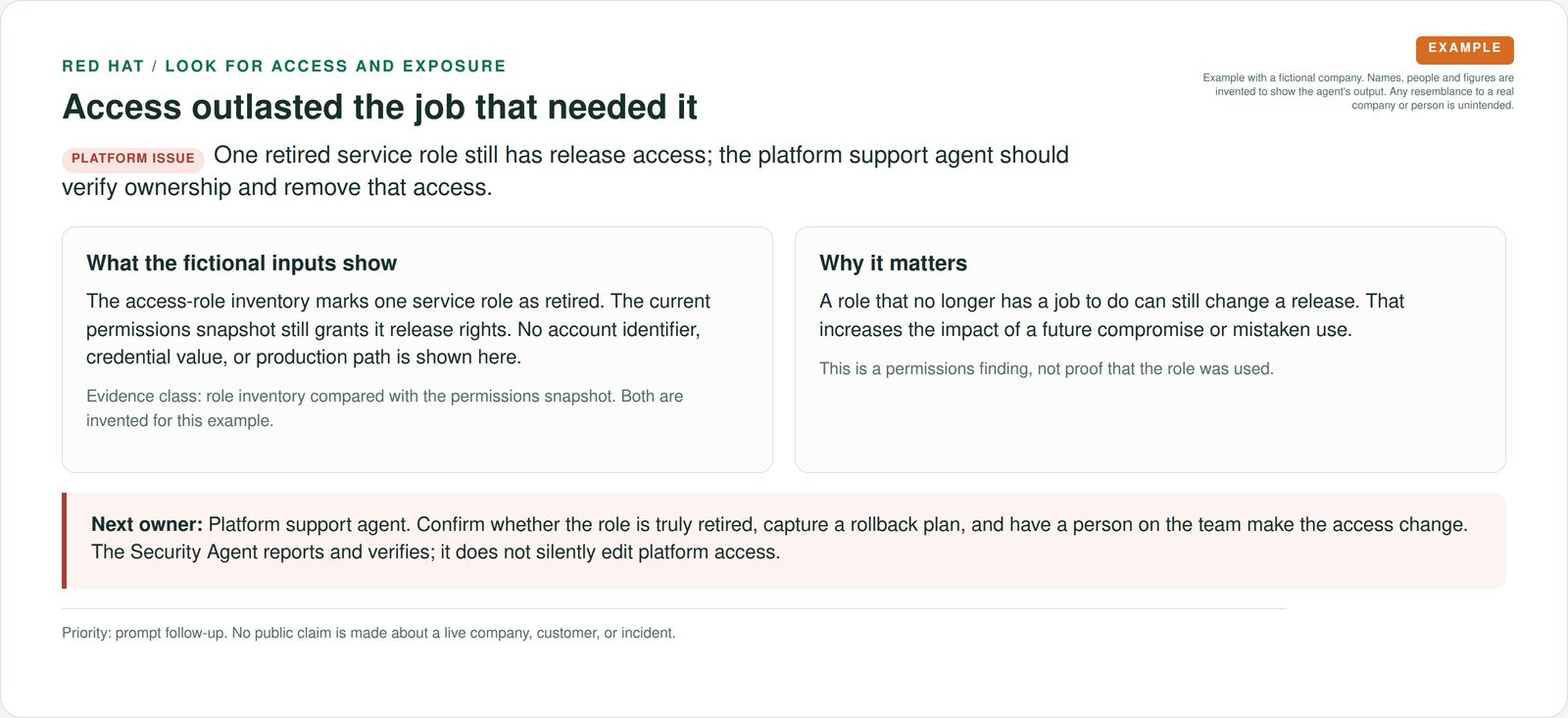 A retired service role with release access is explained and routed to the platform support owner for verification and correction.