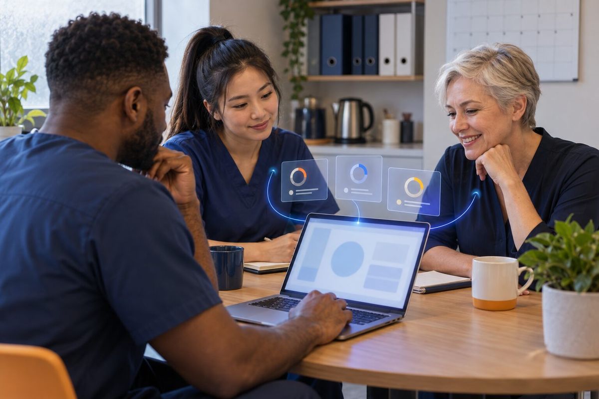Illustrative photo: the Security Awareness Coach at work for the owner, hygienist and receptionist of a small dental practice, laying out results as blue panels above a laptop.