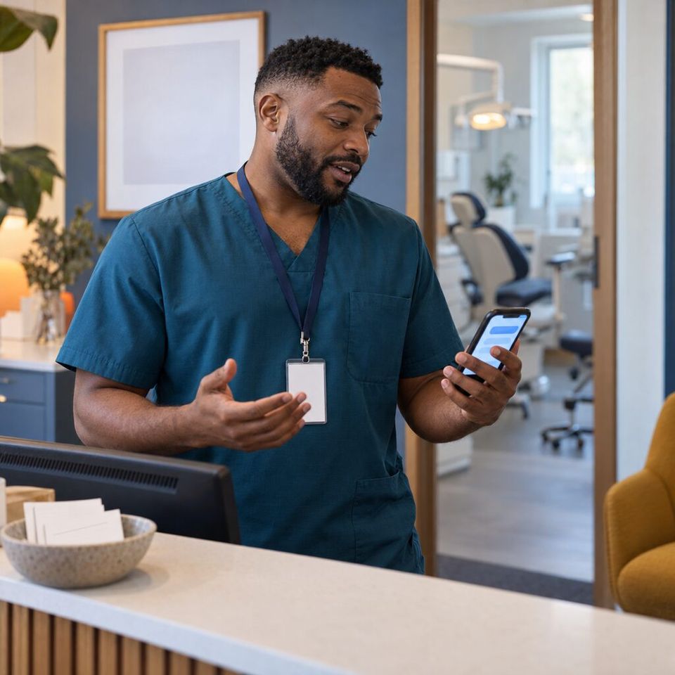 Illustrative photo: the owner of a small dental practice asks the Security Awareness Coach for help from their phone.