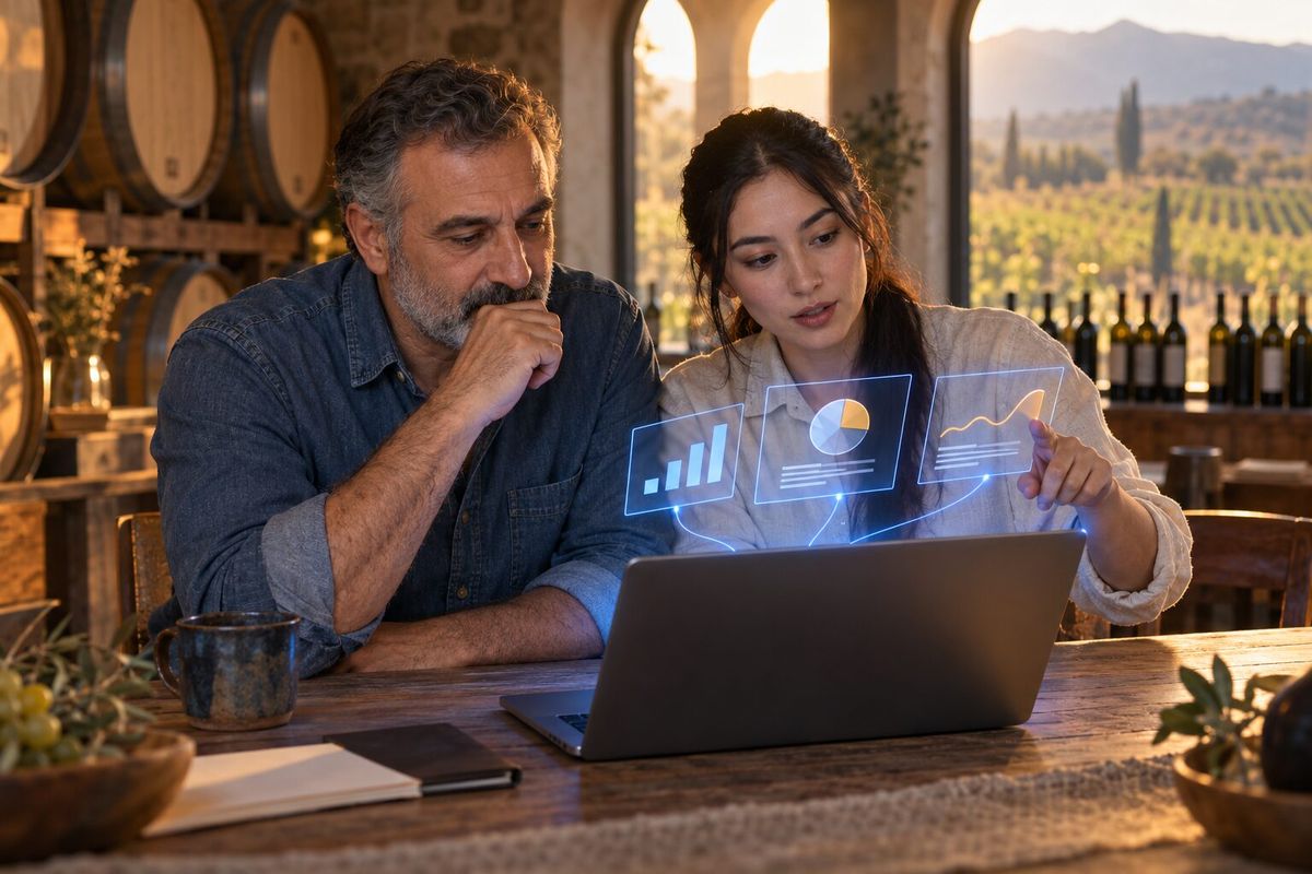 Illustrative photo: the Server Health at work for the family behind a vineyard and its online wine shop, laying out results as blue panels above a laptop.