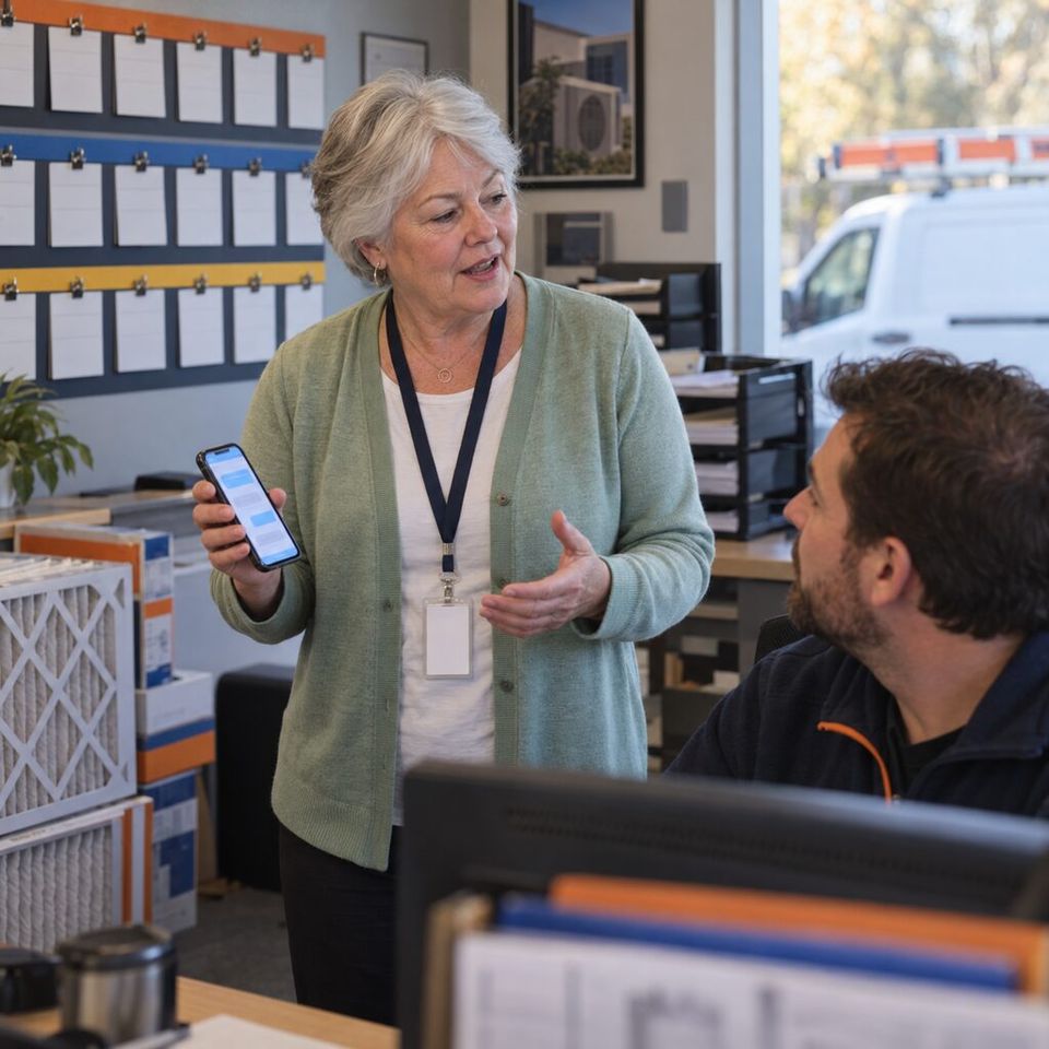 Illustrative photo: the owner of a family-run heating-and-air-conditioning company asks the Service Dispatcher for help from their phone.