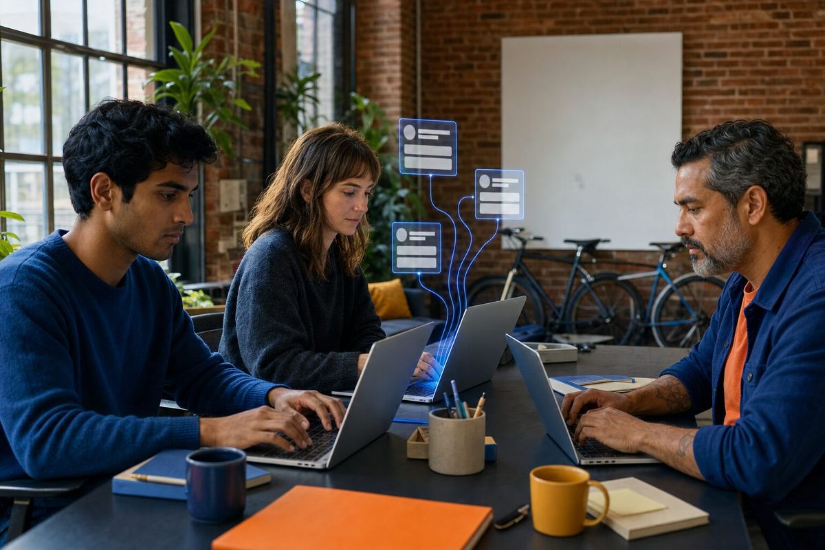 Illustrative photo: the Channel Sync Agent for Slack at work for the agency team working with their AI agents from their shared channels, laying out results as blue panels above a laptop.