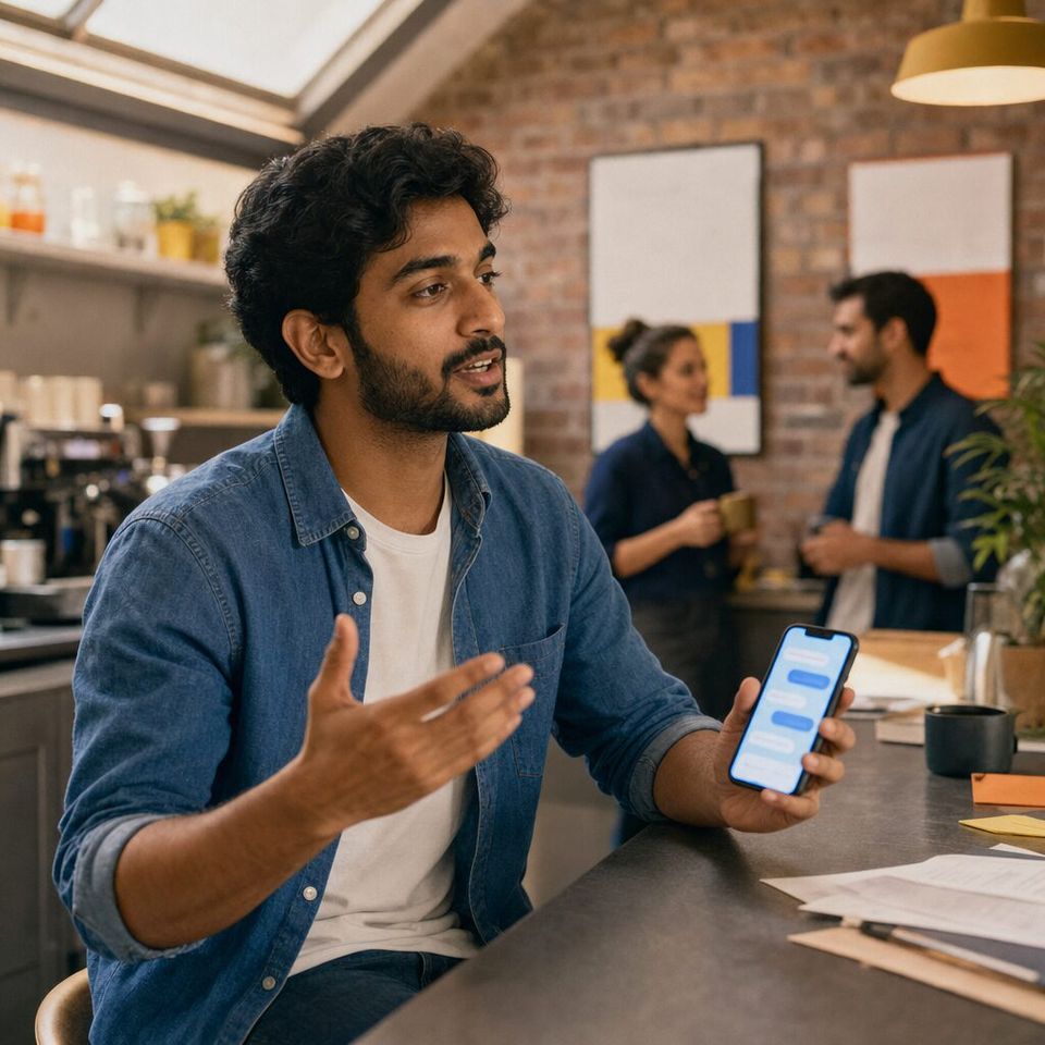 Illustrative photo: the team lead at a 15-person creative agency asks the Channel Sync Agent for Slack for help from their phone.