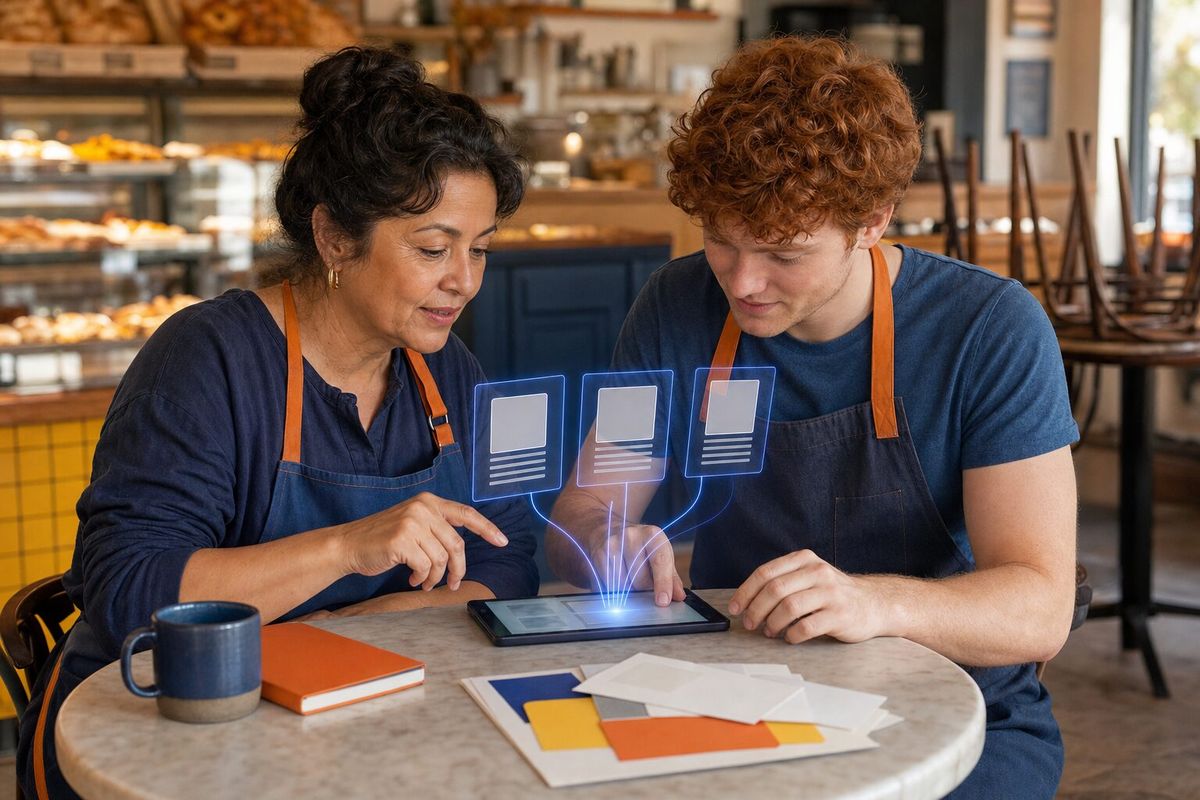 Illustrative photo: the Social Media Scheduling Agent at work for the bakery owner and assistant planning the month of posts, laying out results as blue panels above a tablet.