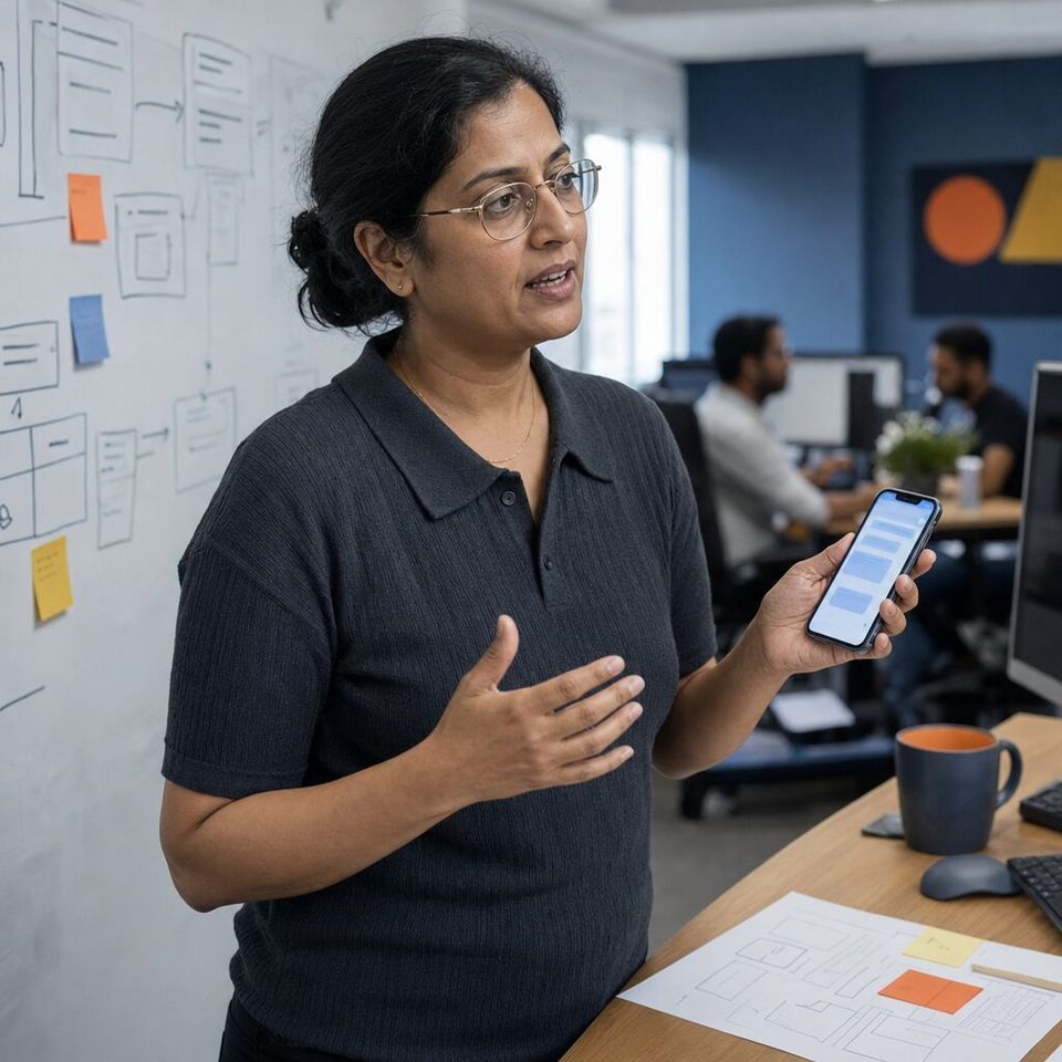 Illustrative photo: the head of engineering at a software company asks the Platform Architect for help from their phone.