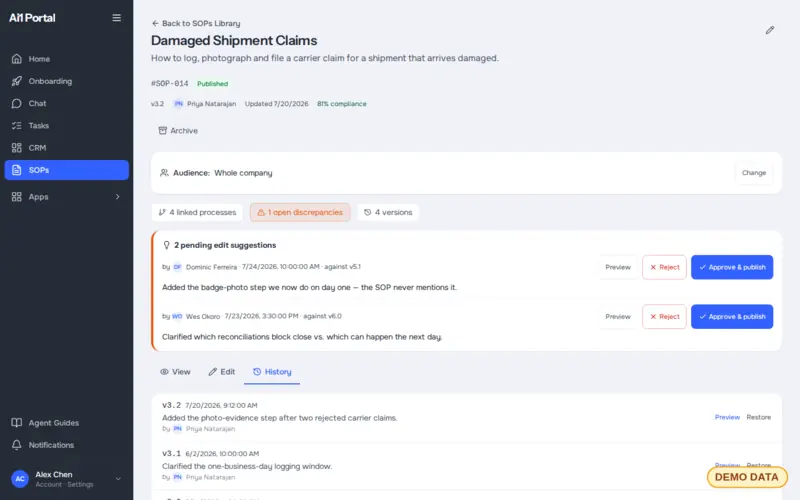 One SOP open on its history tab, listing past versions with the change made, who made it and preview and restore buttons (demo data)
