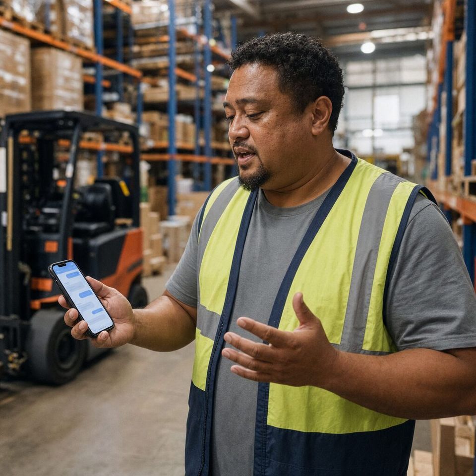 Illustrative photo: the warehouse operations supervisor asks the SOP Agent for help from their phone.