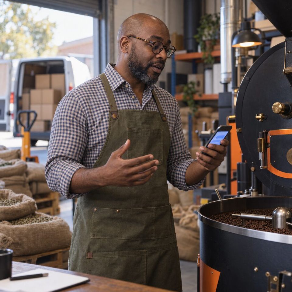 Illustrative photo: the founder of a small coffee roastery who speaks at food and hospitality events asks the Speechwriter for help from their phone.