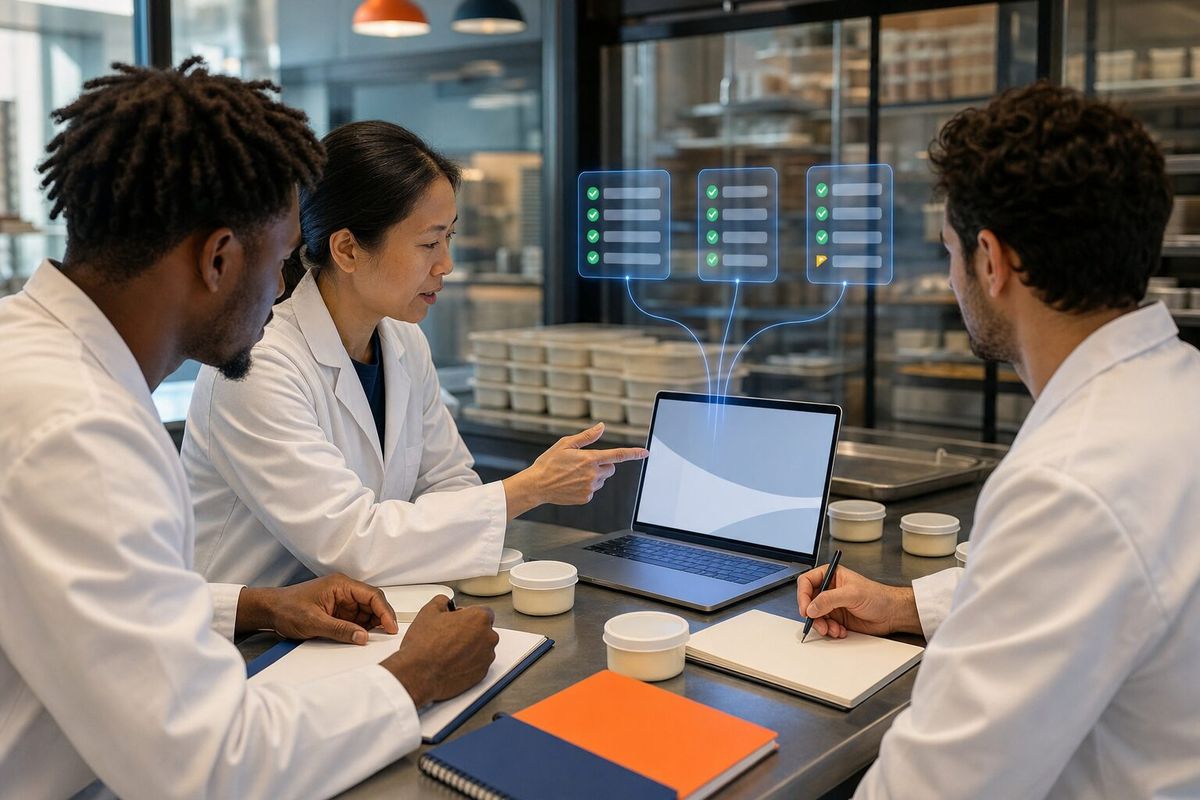 Illustrative photo: the SR&ED Tax Credit Expert at work for the owner and research team of a small food-technology start-up making plant-based cheese, laying out results as blue panels above a laptop.