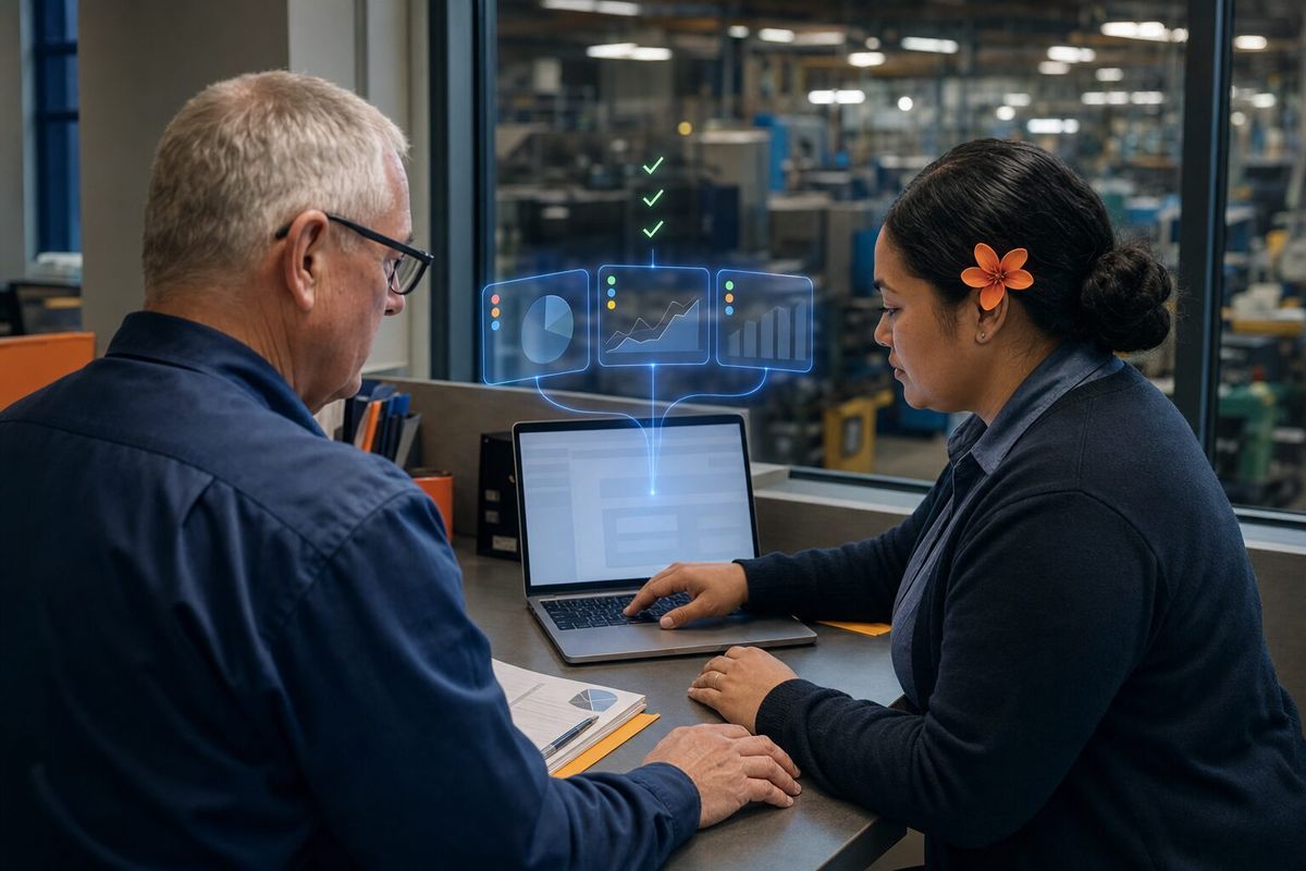 Illustrative photo: the System Administrator at work for the office team at a precision-parts manufacturer, laying out results as blue panels above a laptop.