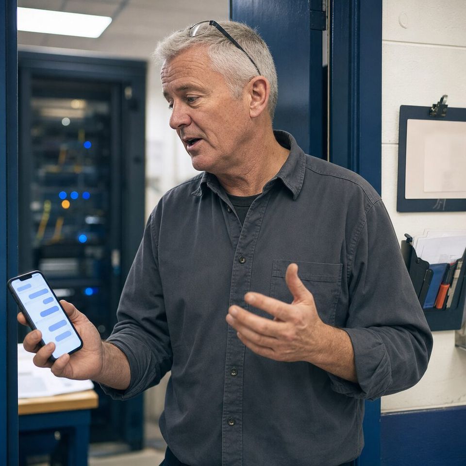 Illustrative photo: the IT lead at a precision-parts manufacturer asks the System Administrator for help from their phone.