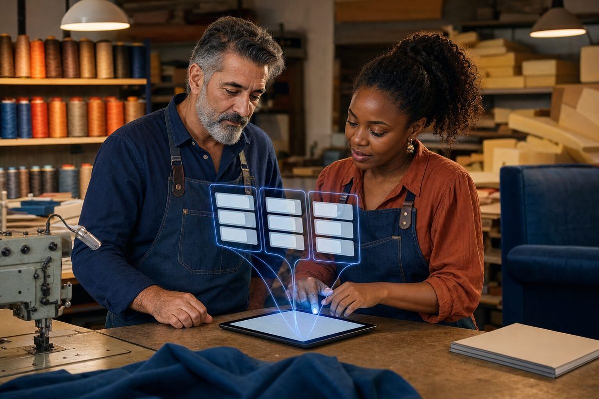Illustrative photo: the Task Agent at work for the owner and office manager of a small furniture-upholstery workshop, laying out results as blue panels above a tablet.