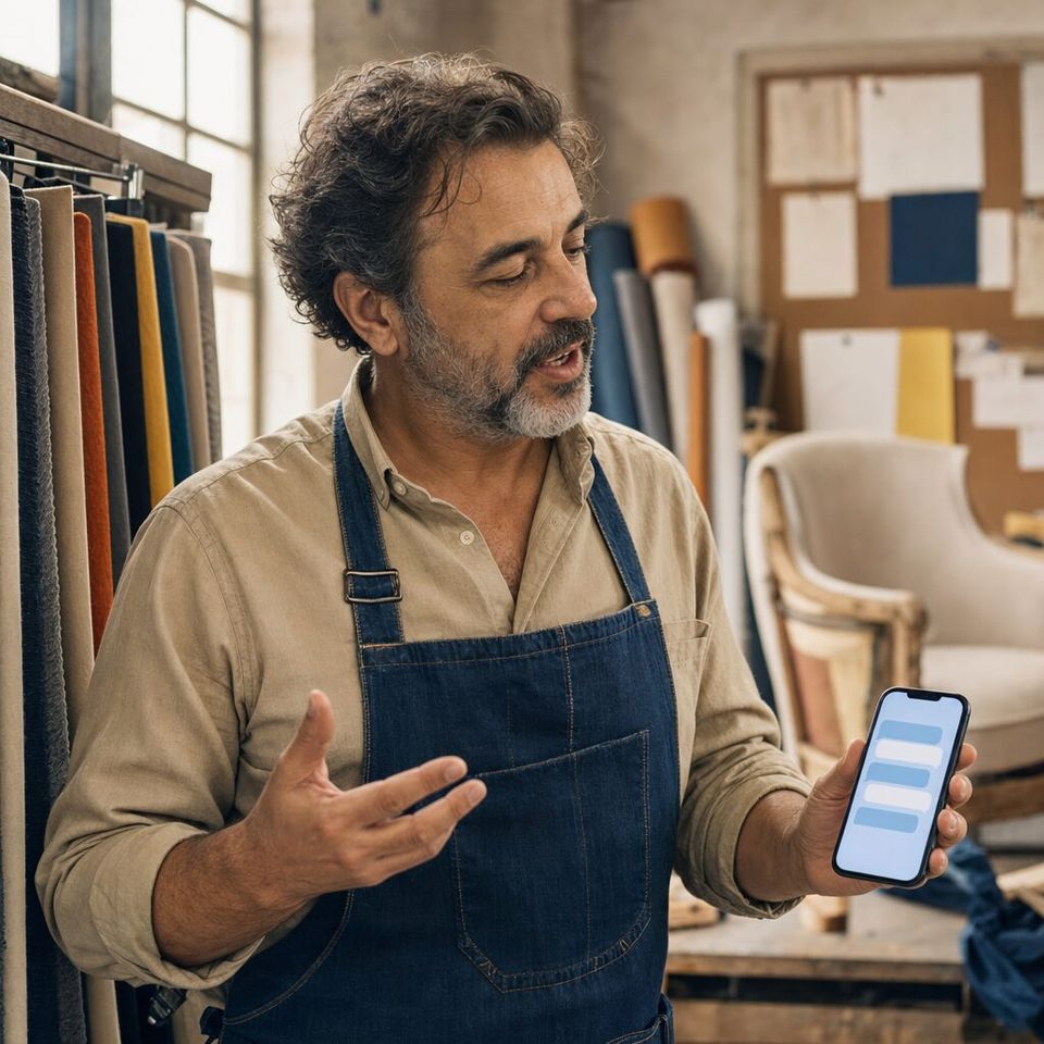 Illustrative photo: the owner of a small furniture-upholstery workshop asks the Task Agent for help from their phone.