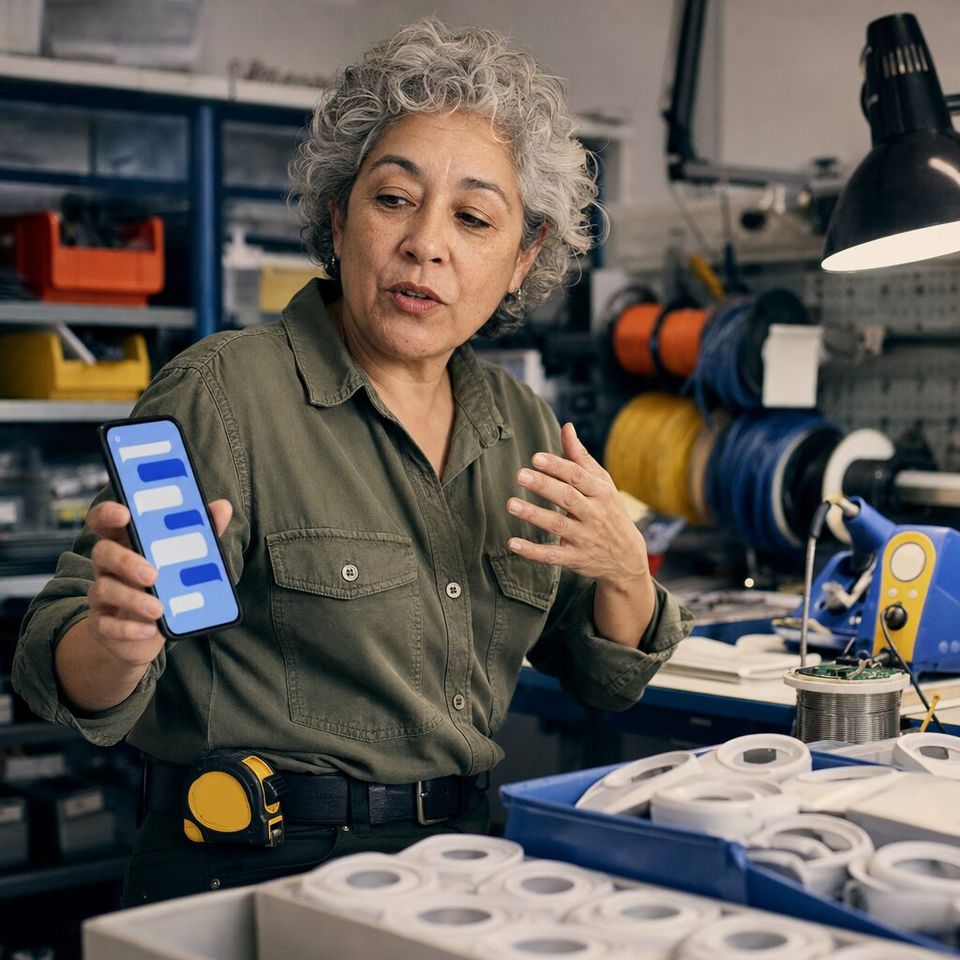 Illustrative photo: the founder of a small company that makes smart-thermostat hardware asks the Technical Writer for help from their phone.