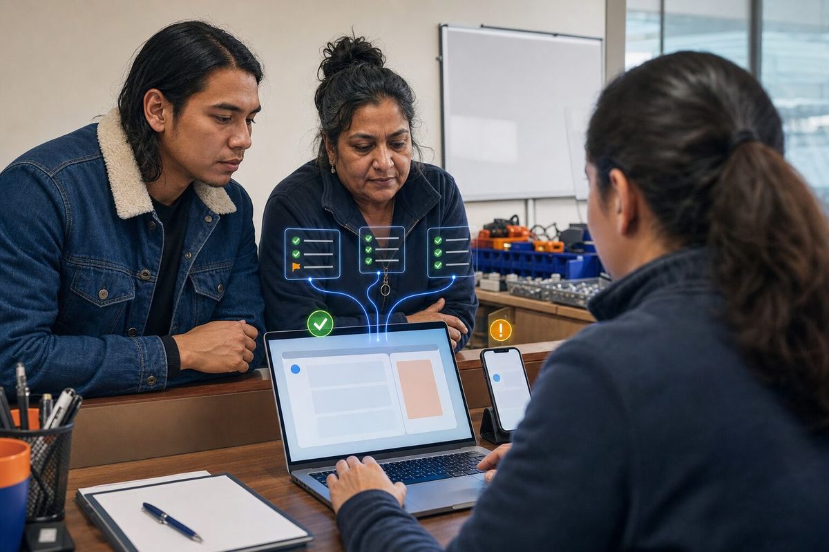 Illustrative photo: the Tester at work for the team at a home-appliance repair service, laying out results as blue panels above a laptop.