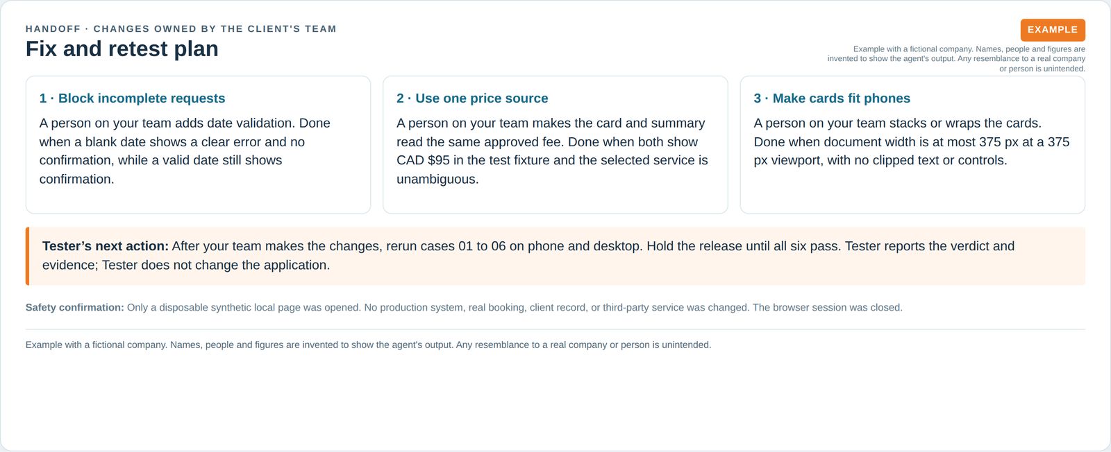 Three fixes assigned to a person on the client team, each with an objective retest condition and a release hold.