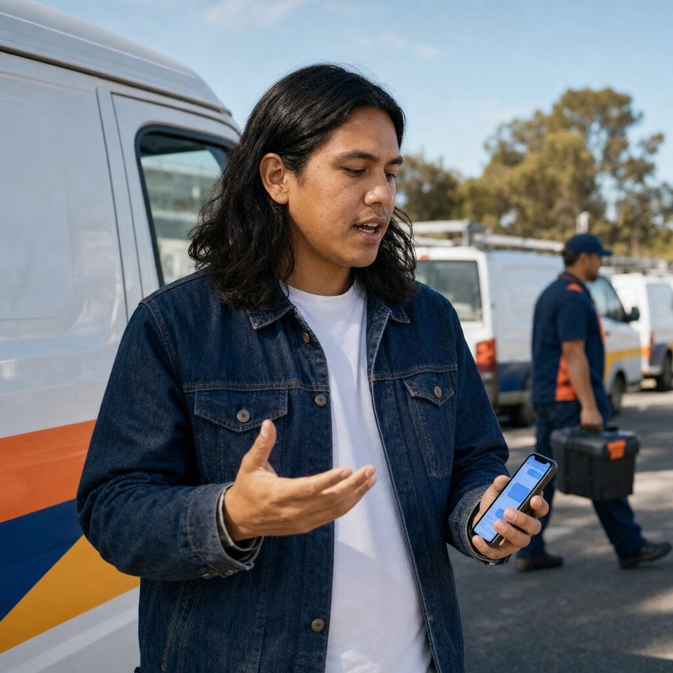 Illustrative photo: the web manager at a home-appliance repair service asks the Tester for help from their phone.