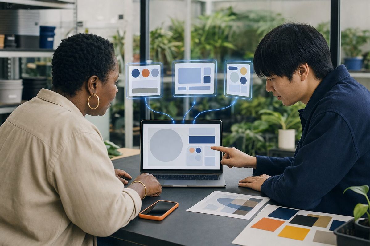 Illustrative photo: the Theme Builder at work for the owner and operations assistant of a small indoor-plant rental company, laying out results as blue panels above a laptop.