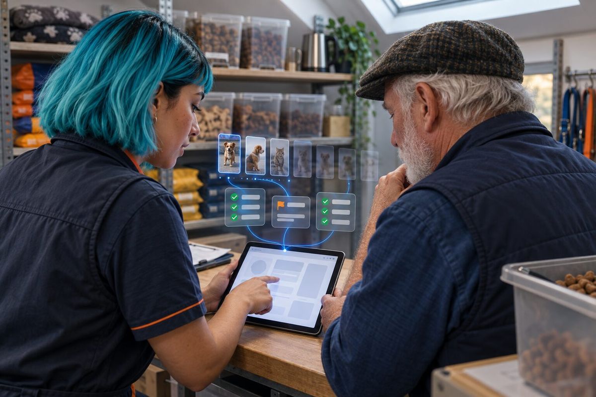 Illustrative photo: the TikTok Ads Agent at work for the owner and the marketing coordinator of a pet-supplies shop, laying out results as blue panels above a tablet.