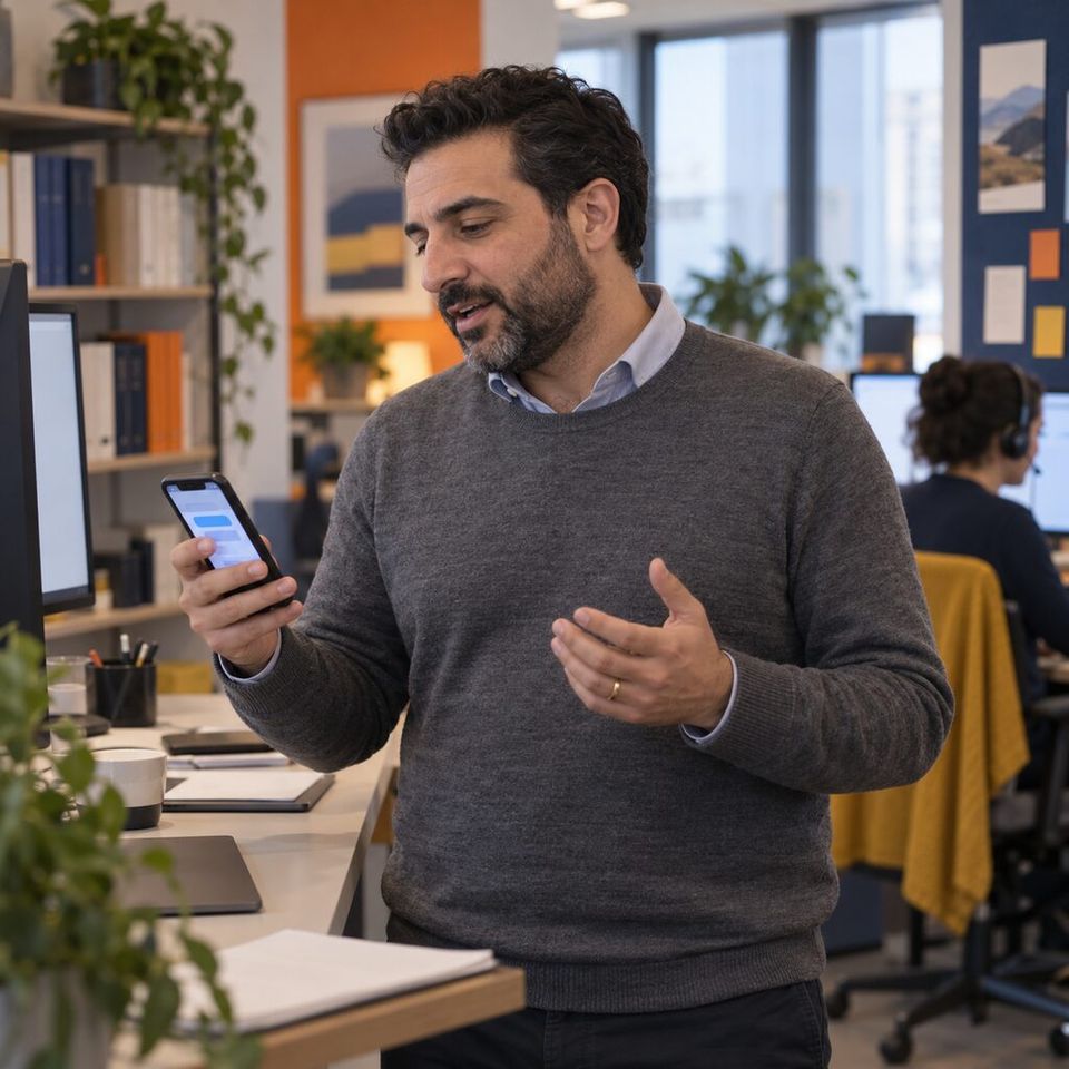 Illustrative photo: an account manager at a translation and localisation agency asks the Time & Cost Tracker for help from their phone.