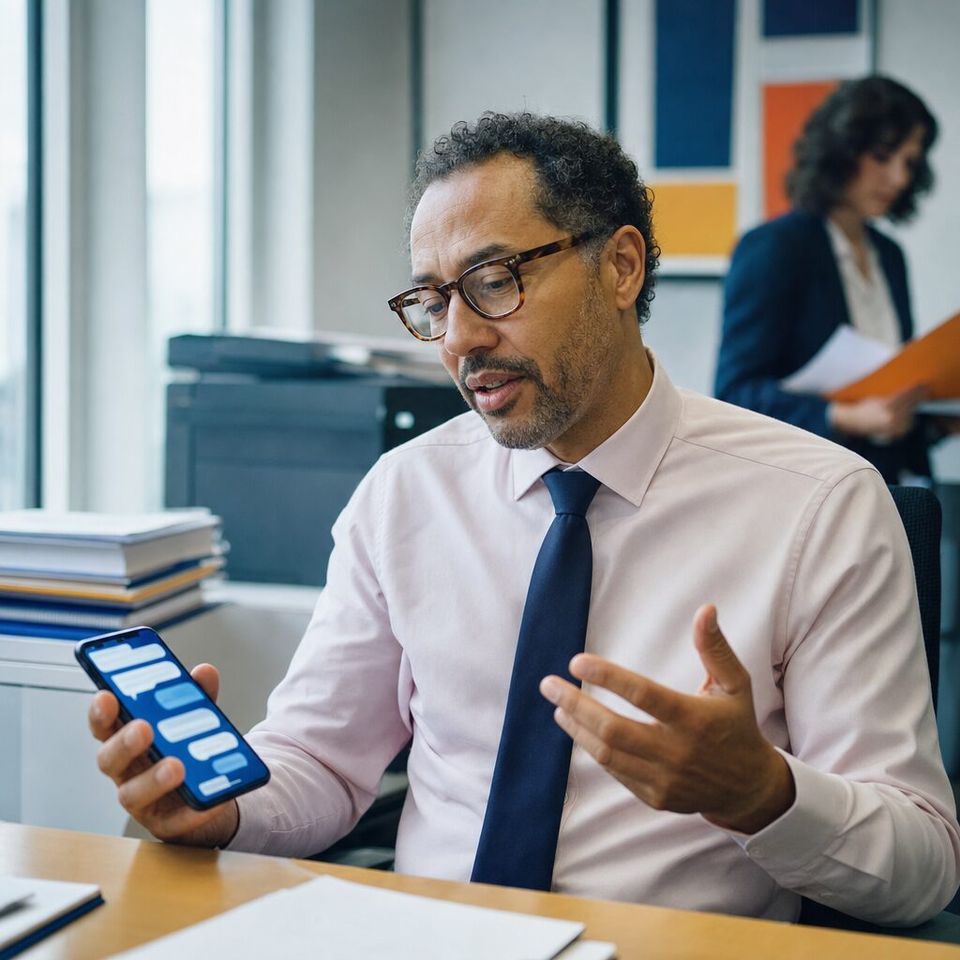 Illustrative photo: the finance director of an insurance brokerage asks the Token Optimization Agent for help from their phone.