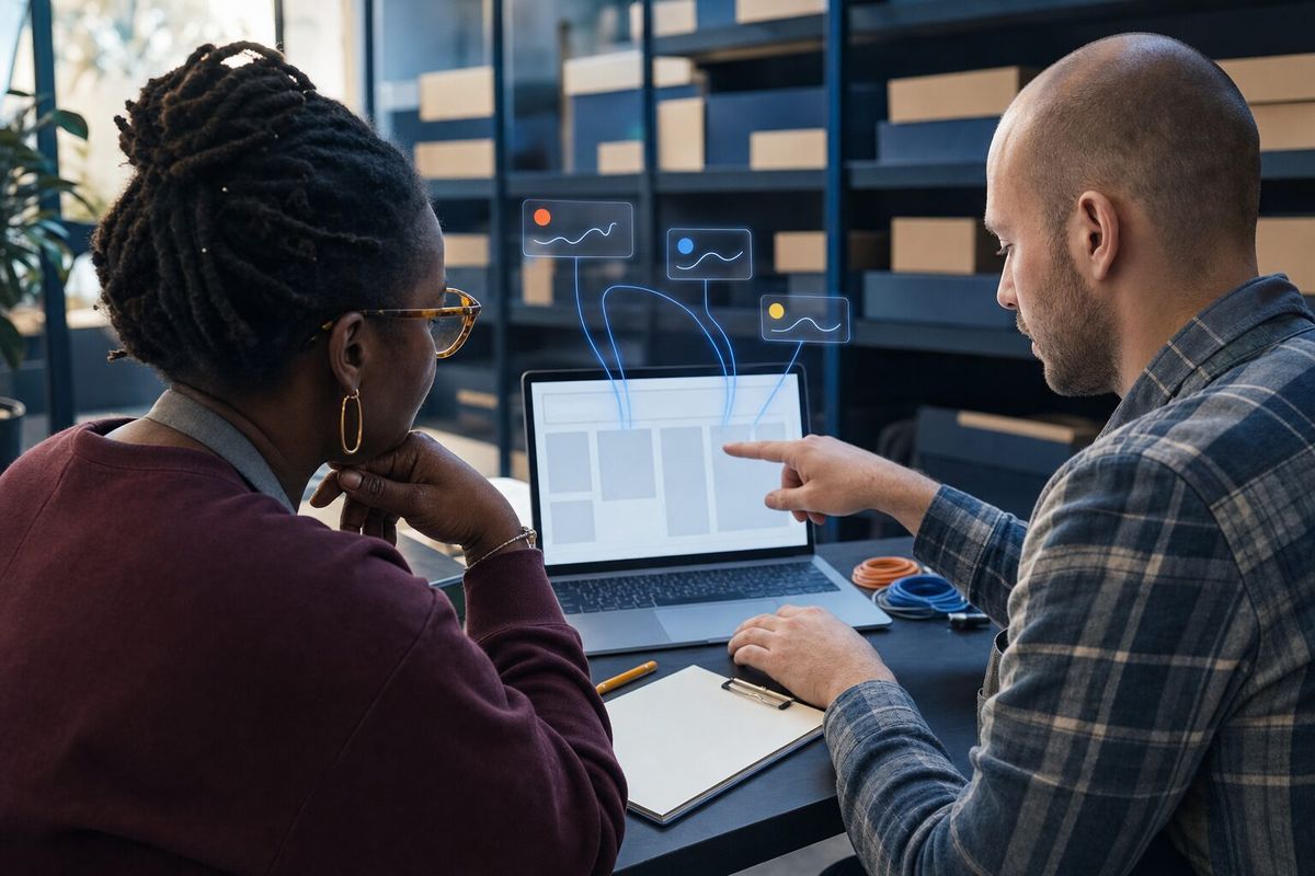 Illustrative photo: the Transaction Monitor at work for the owner and website assistant of an online board-game shop, laying out results as blue panels above a laptop.