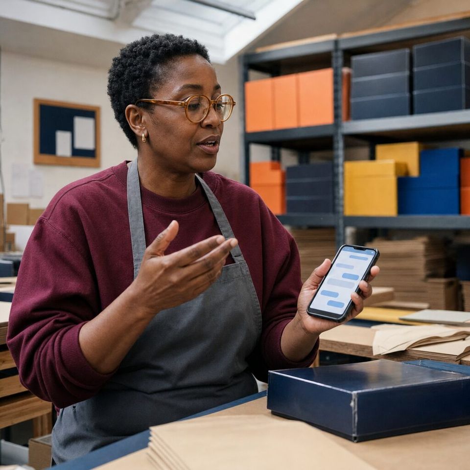 Illustrative photo: the owner of an online board-game shop asks the Transaction Monitor for help from their phone.