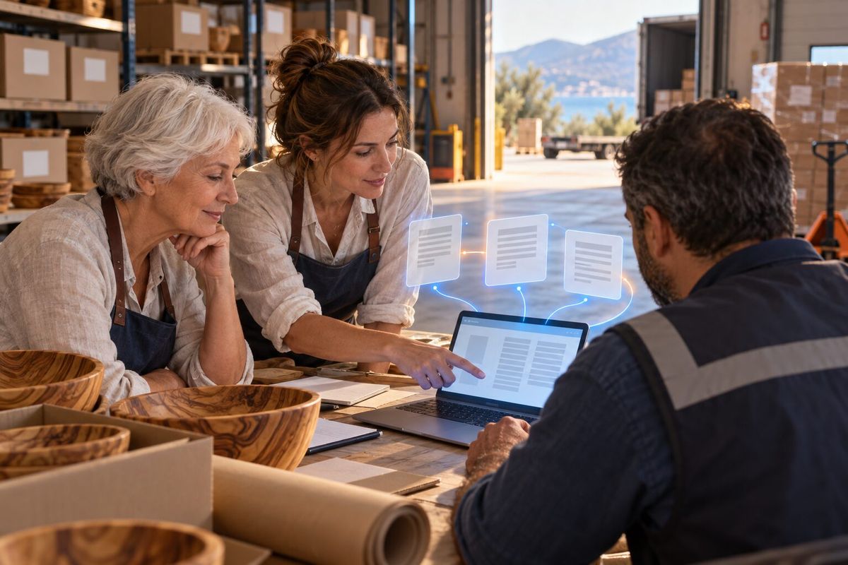 Illustrative photo: the Translation Manager at work for the founder, sales manager and warehouse lead of a small olive-wood kitchenware exporter, laying out results as blue panels above a laptop.