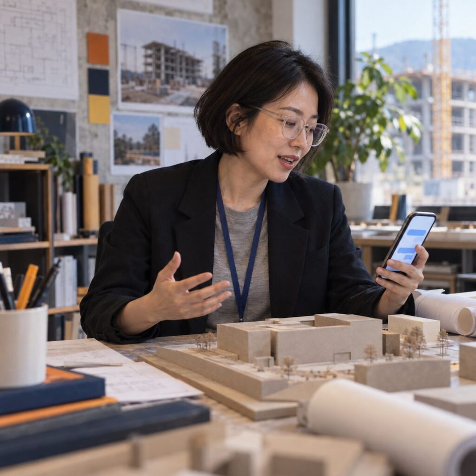 Illustrative photo: the principal of a small architecture practice whose team travels to building sites asks the Travel Coordinator for help from their phone.