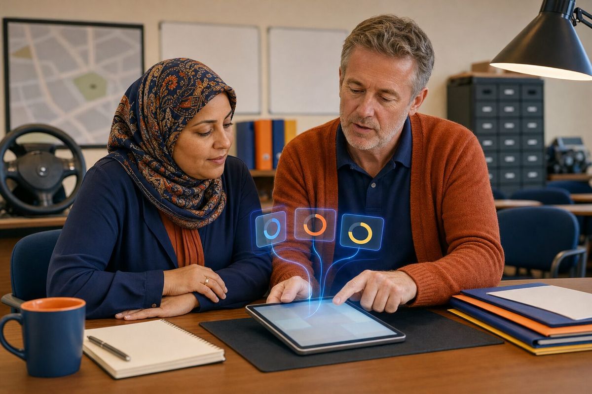 Illustrative photo: the Twilio Expert at work for the owner and office manager of a regional driving school, laying out results as blue panels above a tablet.