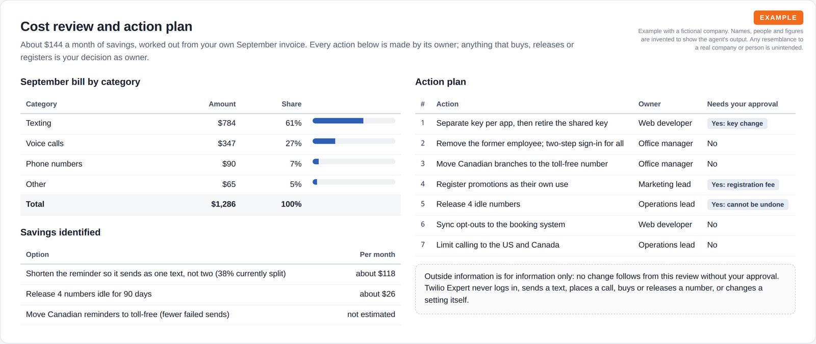 A table of the monthly bill by category with share bars and a table of savings options, beside a seven-step action plan showing owners and which steps need the owner's approval.