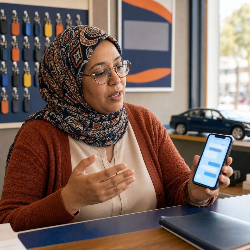 Illustrative photo: the office manager of a regional driving school asks the Twilio Expert for help from their phone.