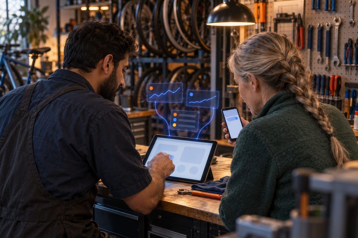 Illustrative photo: the Uptime Monitor at work for the pair running a family bike shop, laying out results as blue panels above a tablet.