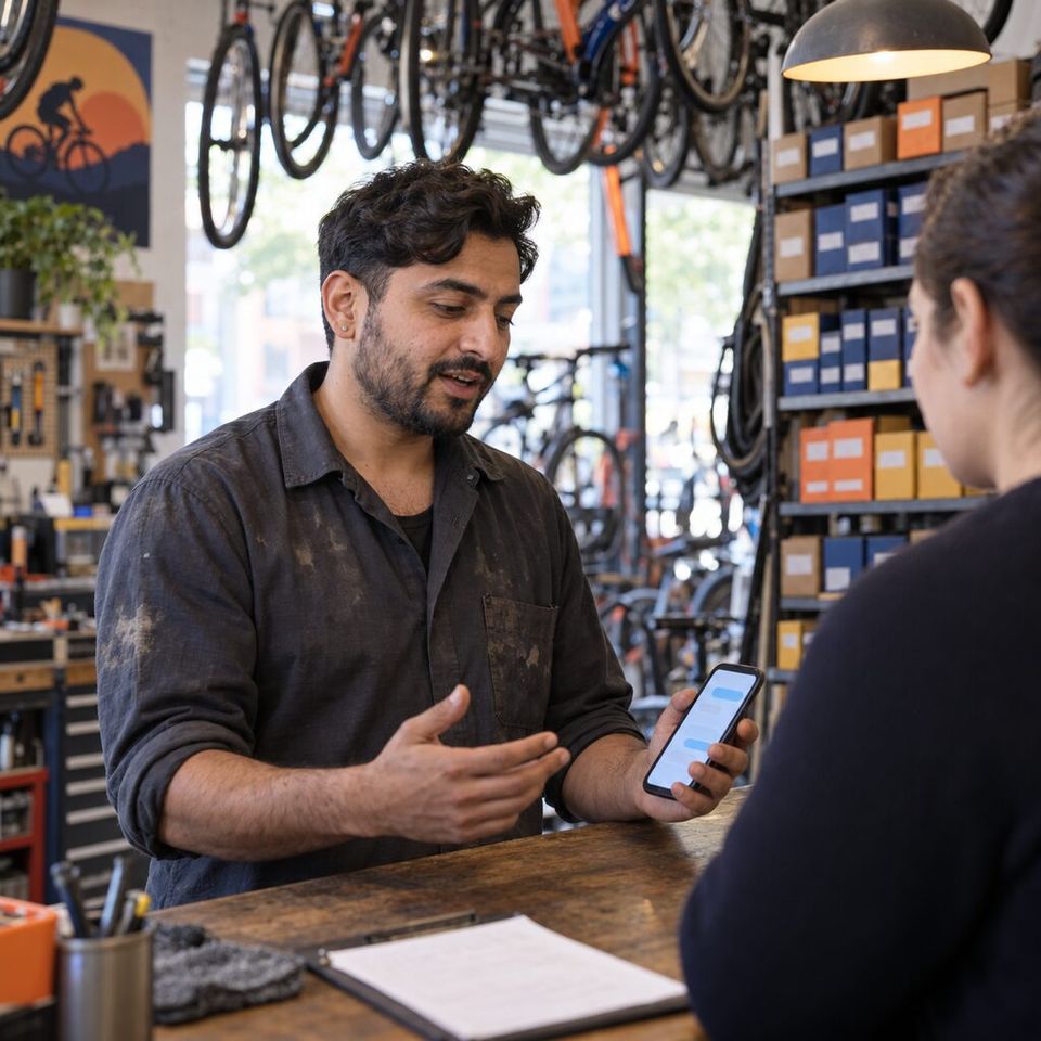 Illustrative photo: the owner of a family bike shop with an online repair-booking site asks the Uptime Monitor for help from their phone.