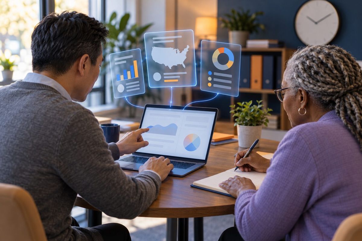 Illustrative photo: US Labor Law Expert at work for the owner of a small home health care agency and his office manager, laying out results as blue panels above a laptop.