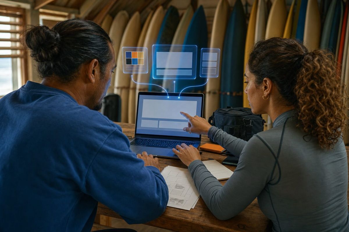 Illustrative photo: the Video Manager at work for the owner and lead instructor of a small surf school, laying out results as blue panels above a laptop.
