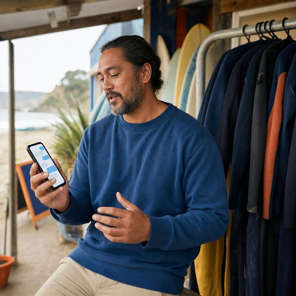 Illustrative photo: the owner of a small surf school asks the Video Manager for help from their phone.