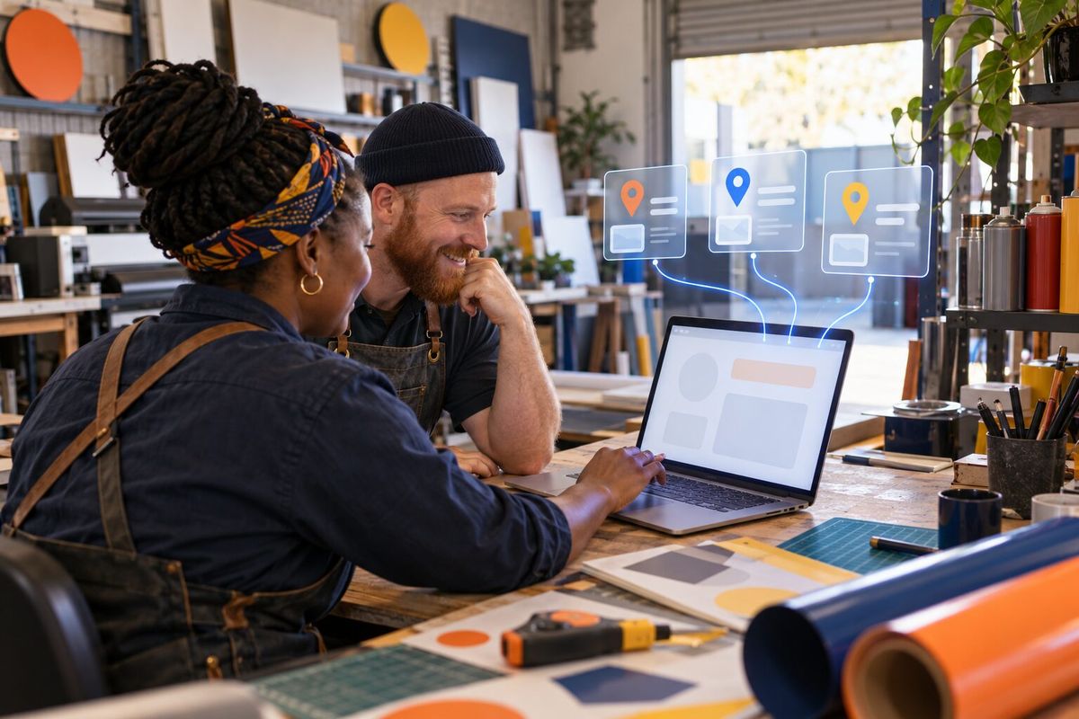 Illustrative photo: Lead Finder: Web at work for the owner and installer of a small commercial-signage maker, laying out results as blue panels above a laptop.