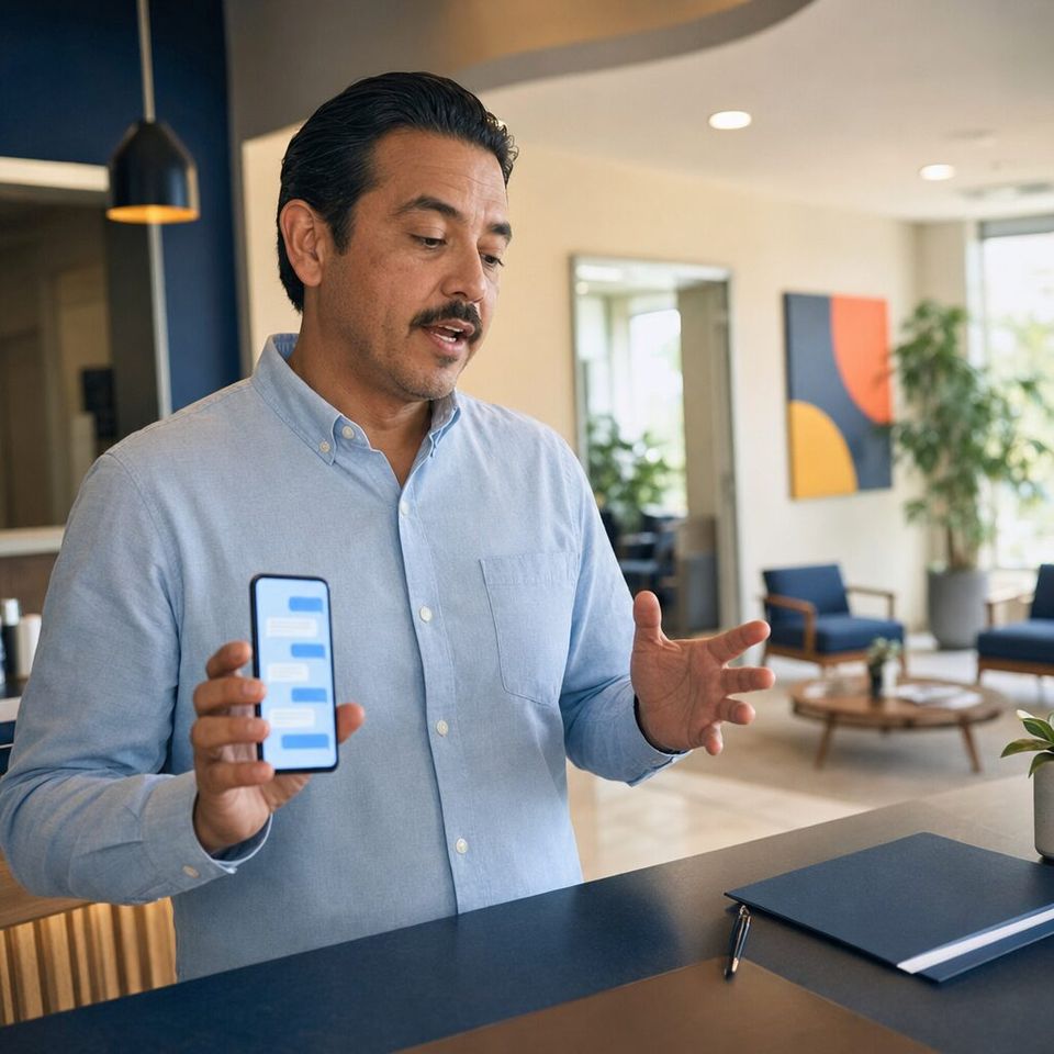 Illustrative photo: the practice manager of a dental clinic asks the Webmaster for help from their phone.