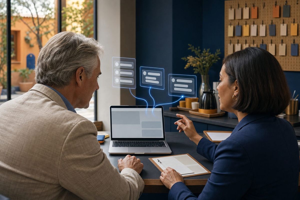 Illustrative photo: the Website Chat Assistant at work for the owner and front-desk manager of a small boutique hotel, laying out results as blue panels above a laptop.