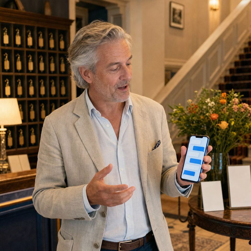 Illustrative photo: the owner of a small boutique hotel asks the Website Chat Assistant for help from their phone.