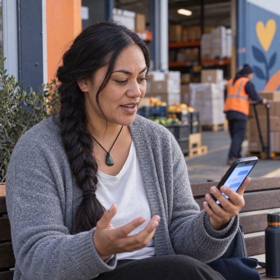 Illustrative photo: the volunteer coordinator at a community food-bank charity asks the Work Patterns Coach for help from their phone.